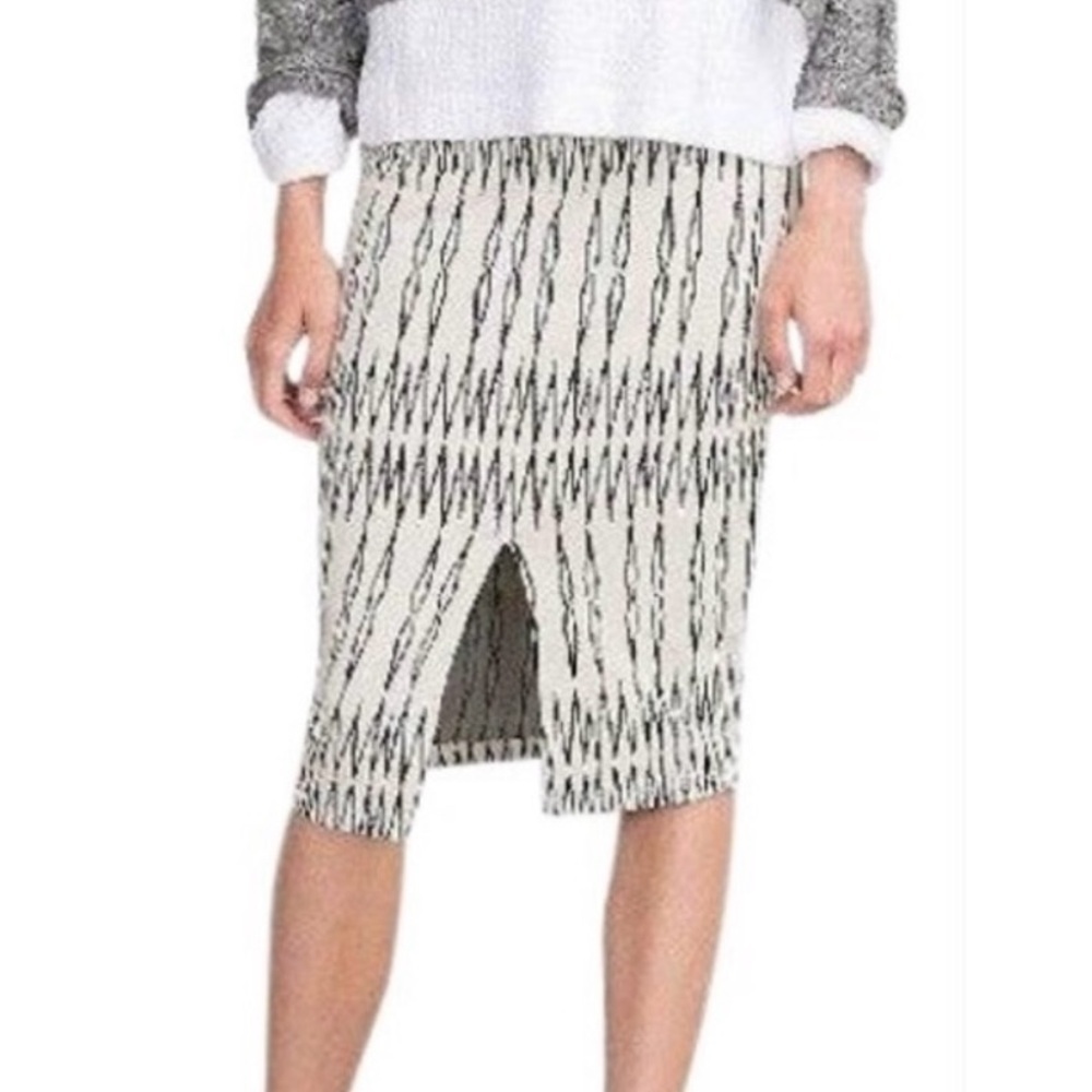 Zara Tribal Aztec Black Off-White Print Pencil Front Slit Skirt Medium